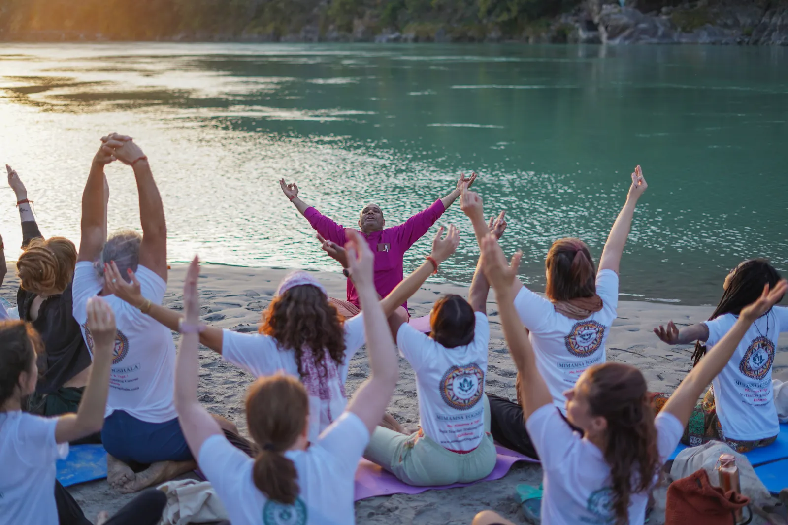 Rooftop yoga practice overlooking Ganges in Rishikesh