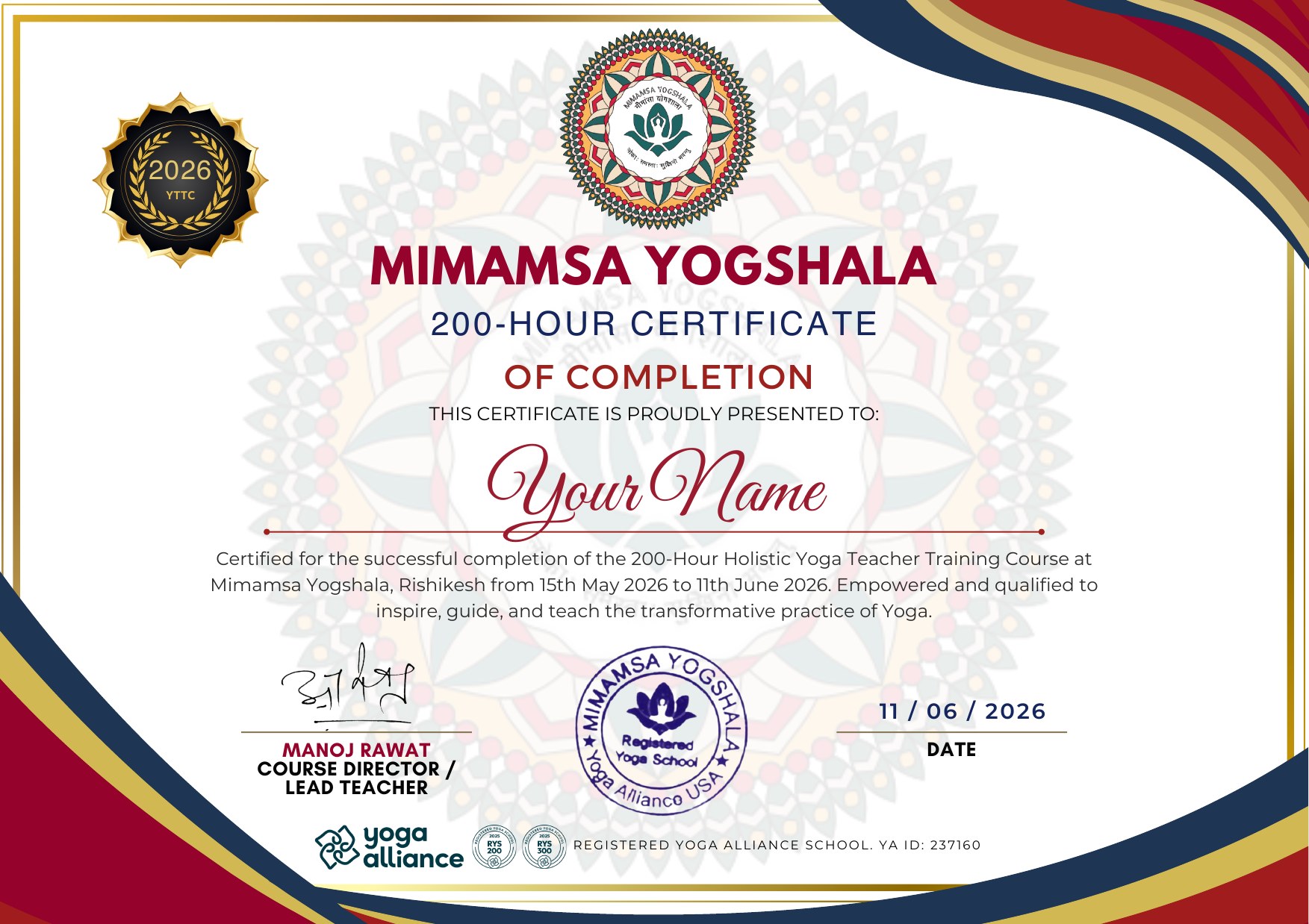 200 Hour Yoga Teacher Training Course Certification