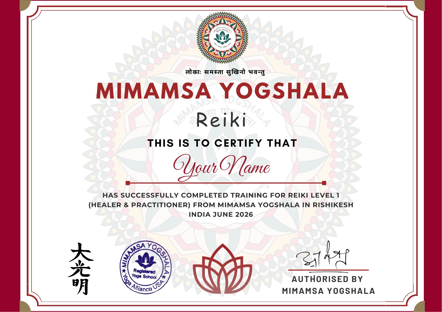 Reiki Level 1 Certificate - Mimamsa Yogshala
