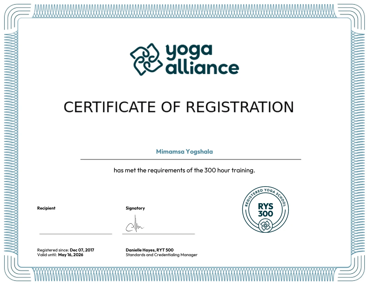 Yoga Alliance RYS 300 Certificate — Mimamsa Yogshala, Rishikesh, officially registered since 2017