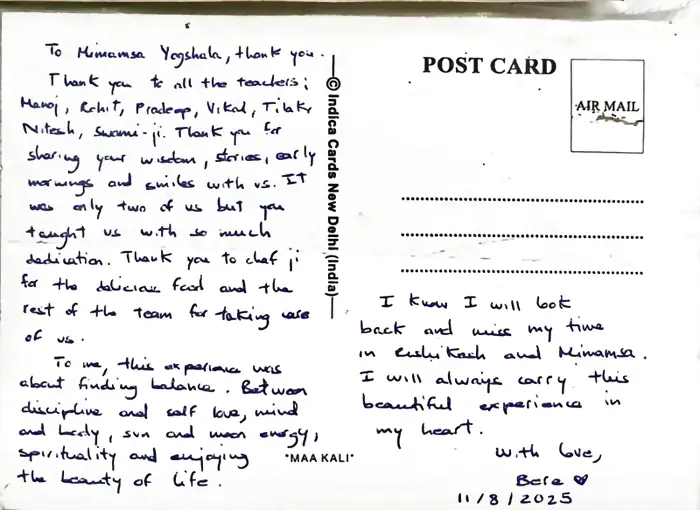 Handwritten postcard to Mimamsa Yogshala from Bea, thanking the teachers and kitchen team by name