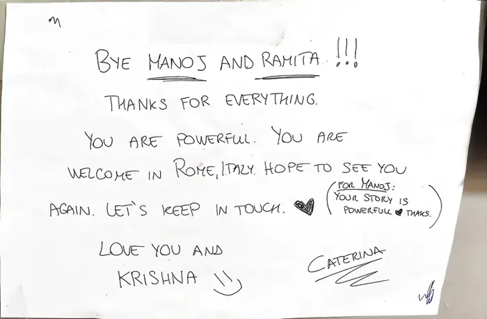 Handwritten farewell note to Manoj and Ramita at Mimamsa Yogshala from Caterina in Rome, Italy