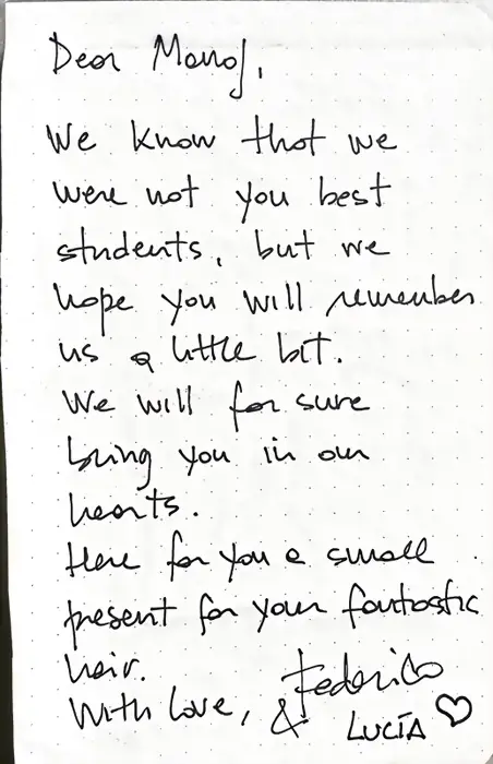 Handwritten note to Manoj at Mimamsa Yogshala from Federico and Lucia