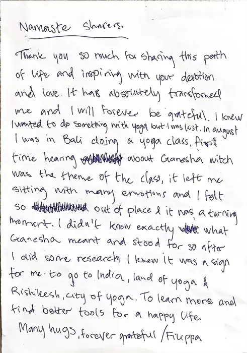 Handwritten thank-you letter to Mimamsa Yogshala from Filippa, describing how a yoga class in Bali led her to Rishikesh