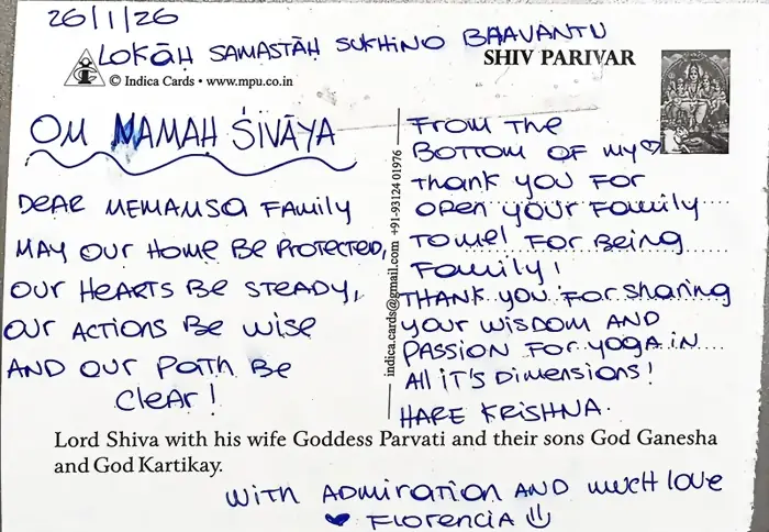 Handwritten postcard to the Mimamsa Yogshala family from Florencia, dated 26 January 2026