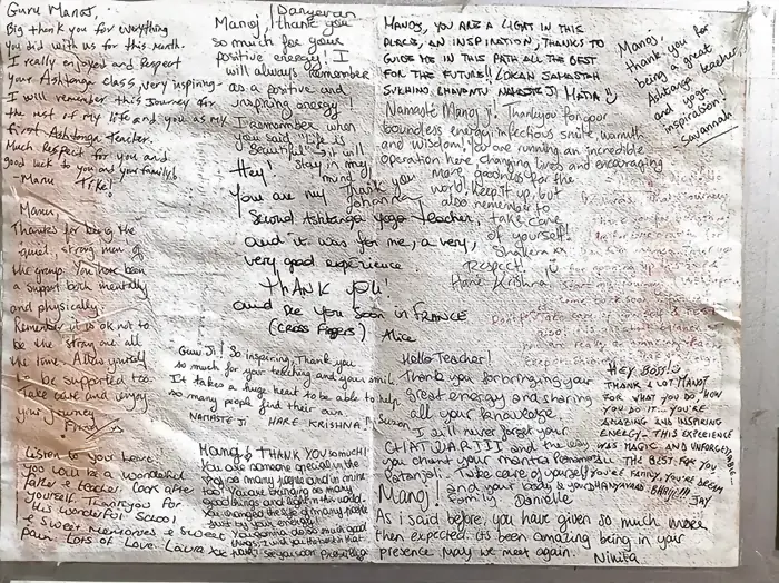 A large handwritten farewell sheet for teacher Manoj at Mimamsa Yogshala, covered in messages from an entire batch of students