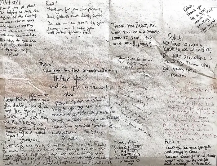 A large handwritten farewell sheet for Rohit at Mimamsa Yogshala, covered in messages from an entire batch of students