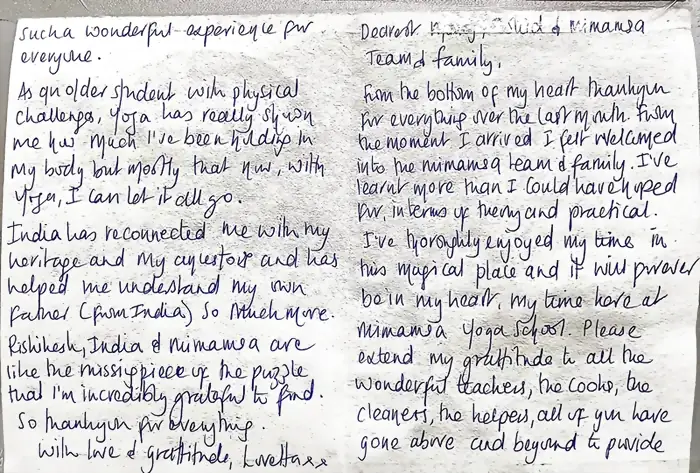 Handwritten letter to the Mimamsa Yogshala team from Lovetta, an older student who reconnected with her Indian heritage