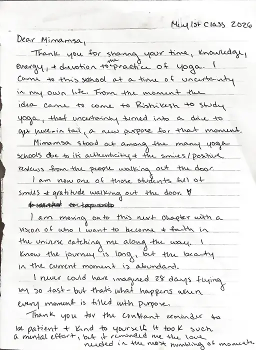 Handwritten letter to Mimamsa Yogshala from a student in the May 2026 class, on arriving at a time of uncertainty