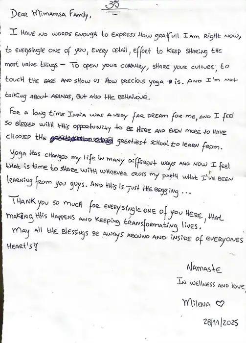 Handwritten letter to the Mimamsa Yogshala family from Milena, dated 28 November 2025