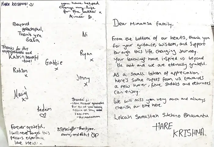Handwritten group letter to the Mimamsa Yogshala family signed by a whole batch of students