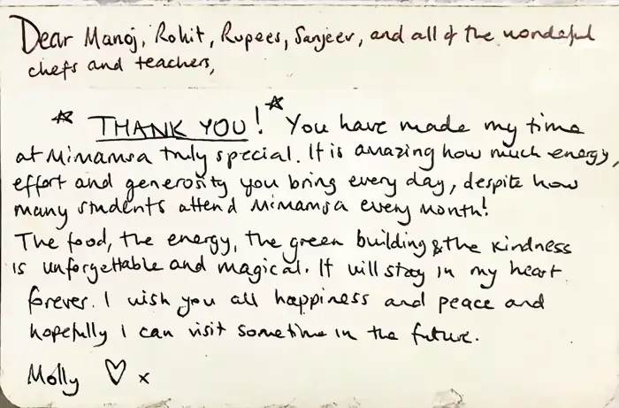 Handwritten thank-you note to Mimamsa Yogshala from Molly, mentioning the food, the energy and the green building