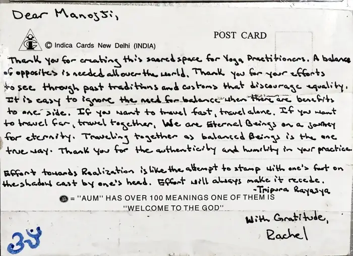 Handwritten postcard to Manoj ji at Mimamsa Yogshala from Rachel, on balance, equality and authenticity in practice