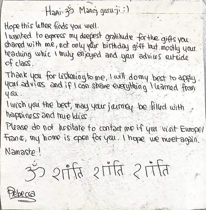 Handwritten letter to Manoj guru-ji at Mimamsa Yogshala from Rebecca, signed off in Devanagari