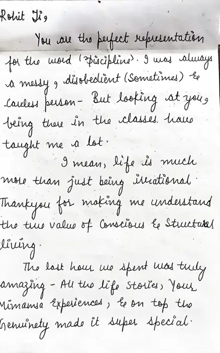Handwritten two-page letter to Rohit ji at Mimamsa Yogshala, from a student who arrived for a few drop-in classes and left with two certificates