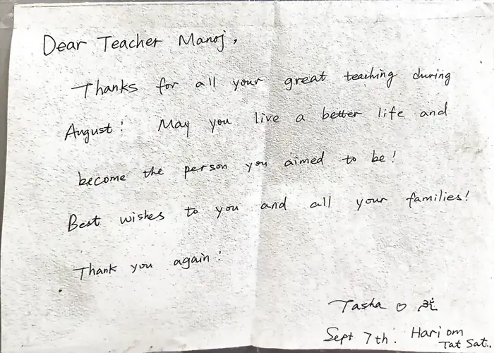 Handwritten thank-you note to teacher Manoj at Mimamsa Yogshala from Tasha
