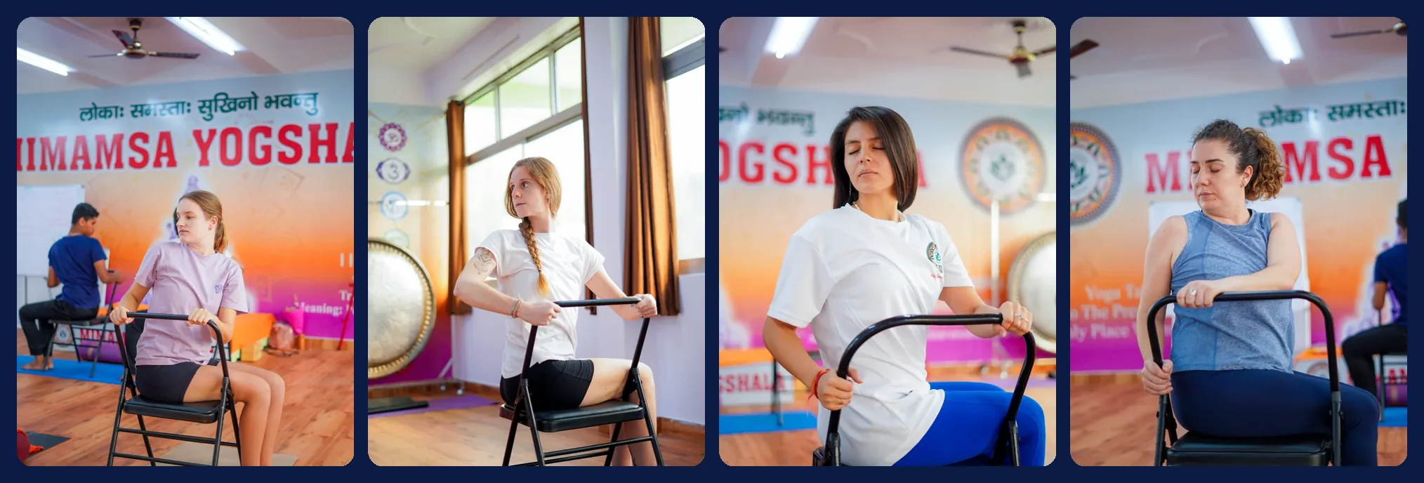 Chair yoga poses practised at Mimamsa Yogshala, Rishikesh &mdash; seated twist, stress relief and senior-friendly variations