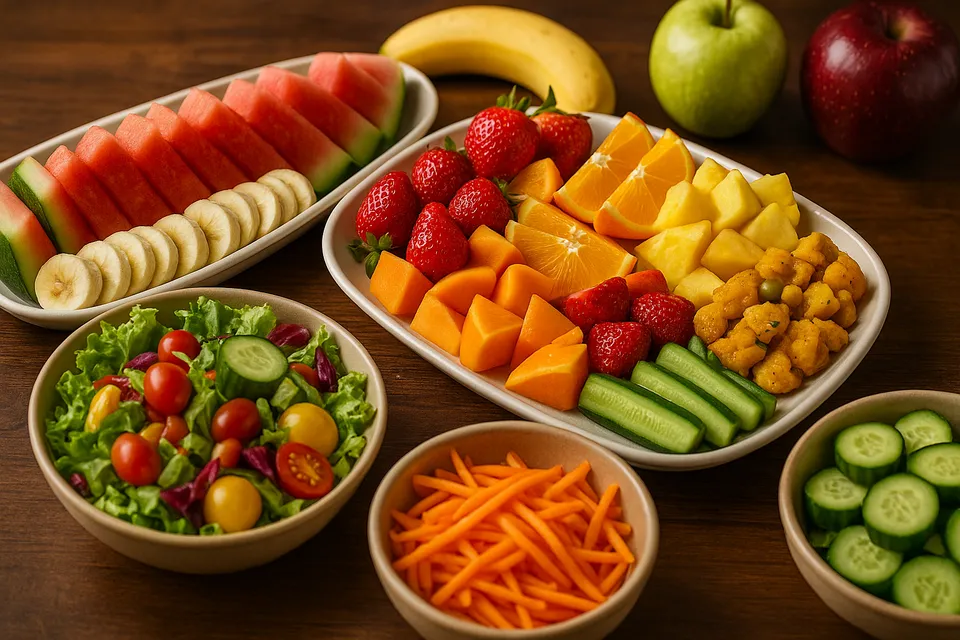 Fresh fruit and salad plate for sound healing students