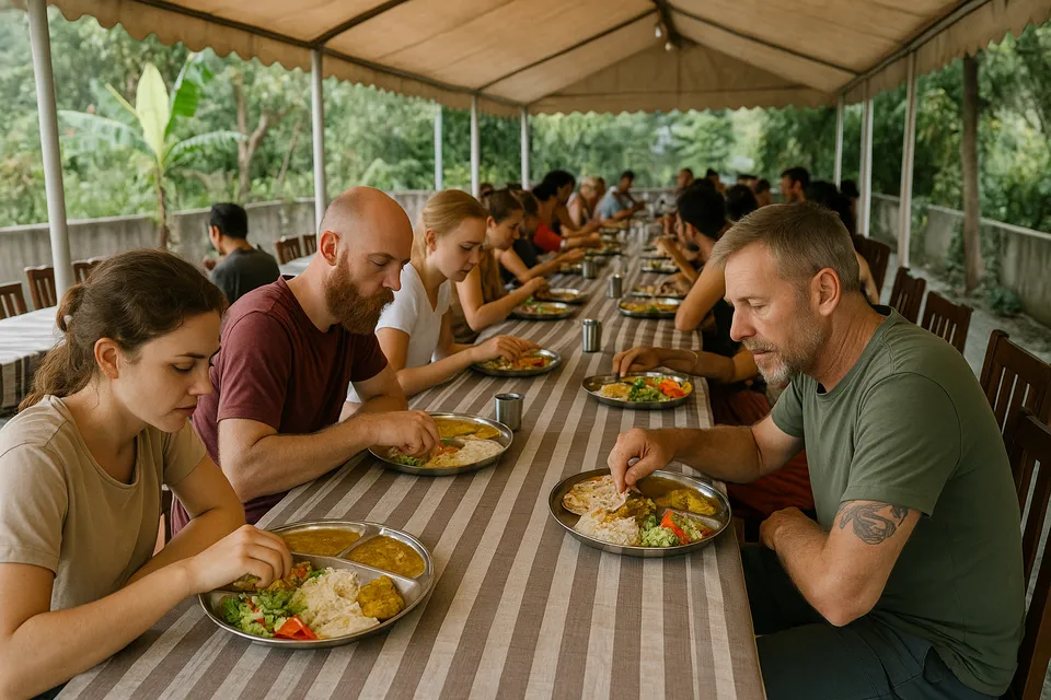 Group dining sattvic meal at Mimamsa Yogshala Rishikesh