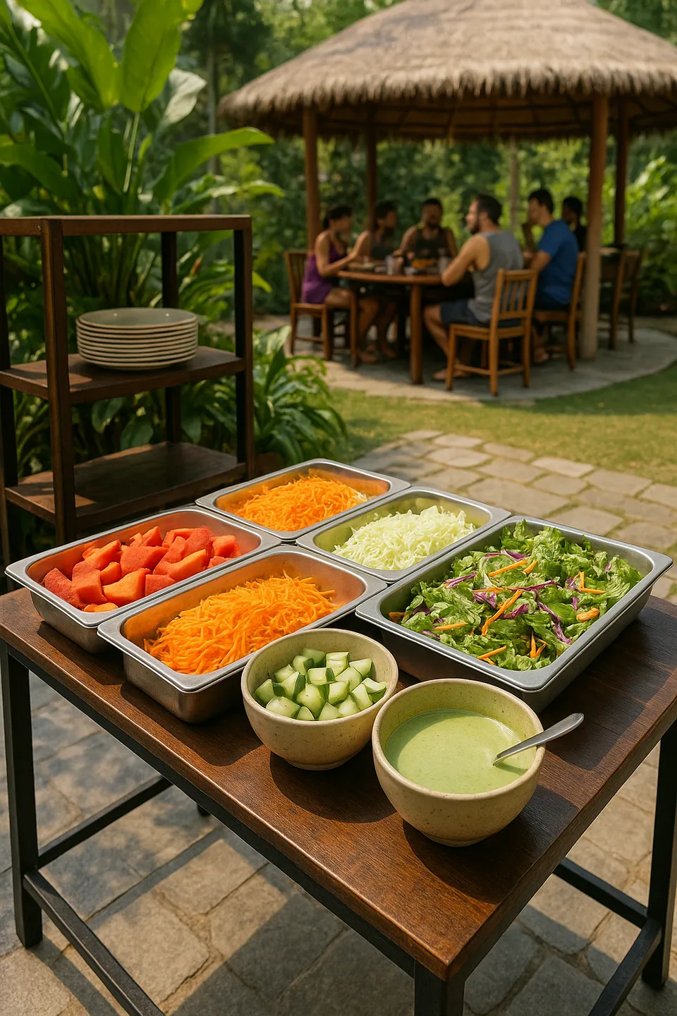 Salad bar and outdoor lunch at Mimamsa Yogshala